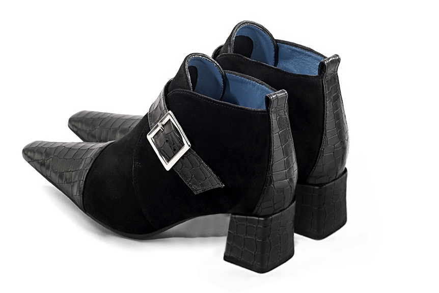 Satin black women's ankle boots with buckles at the front. Tapered toe. Medium block heels. Rear view - Florence KOOIJMAN